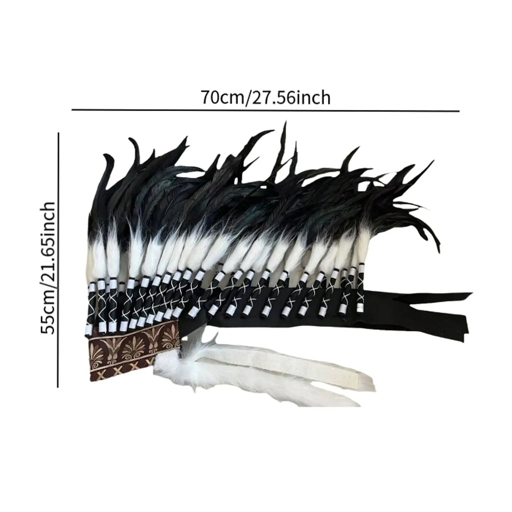 Coiffe Amérindienne à Plumes Blanches et Noires avec Perles