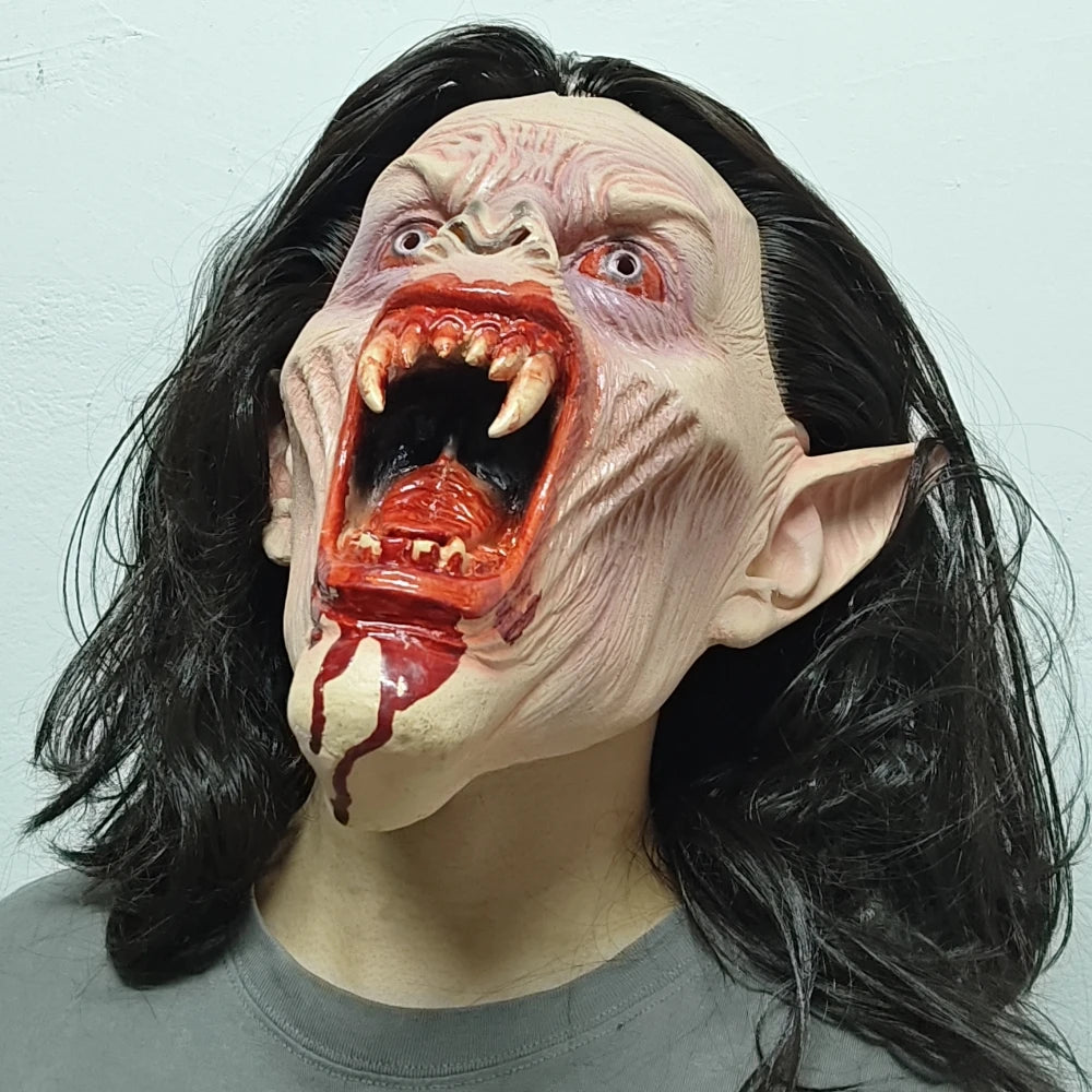 Masque de Vampire Gothique aux Crocs Sanglants et Cheveux