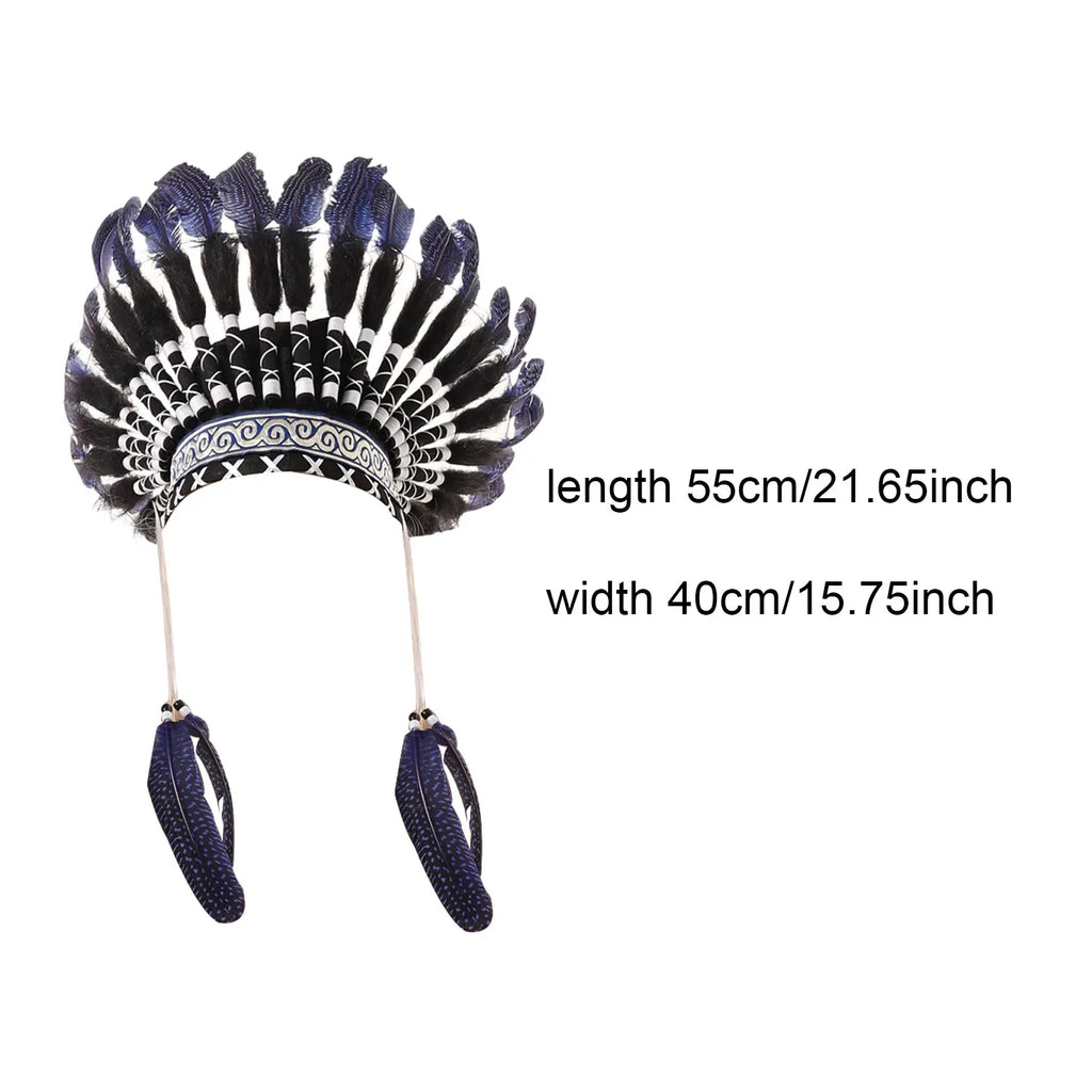 Coiffe Amérindienne à Plumes Blanches et Noires avec Perles