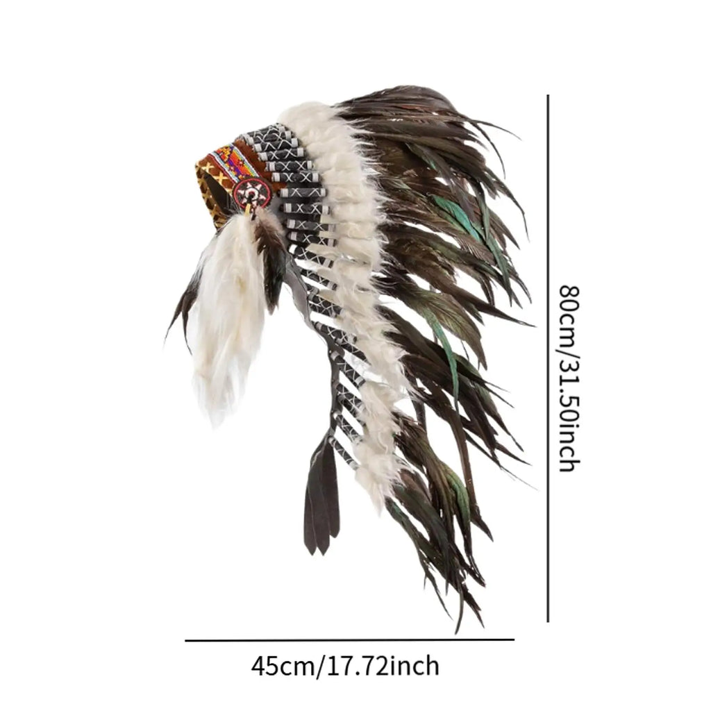 Coiffe Amérindienne à Plumes Blanches et Noires avec Perles