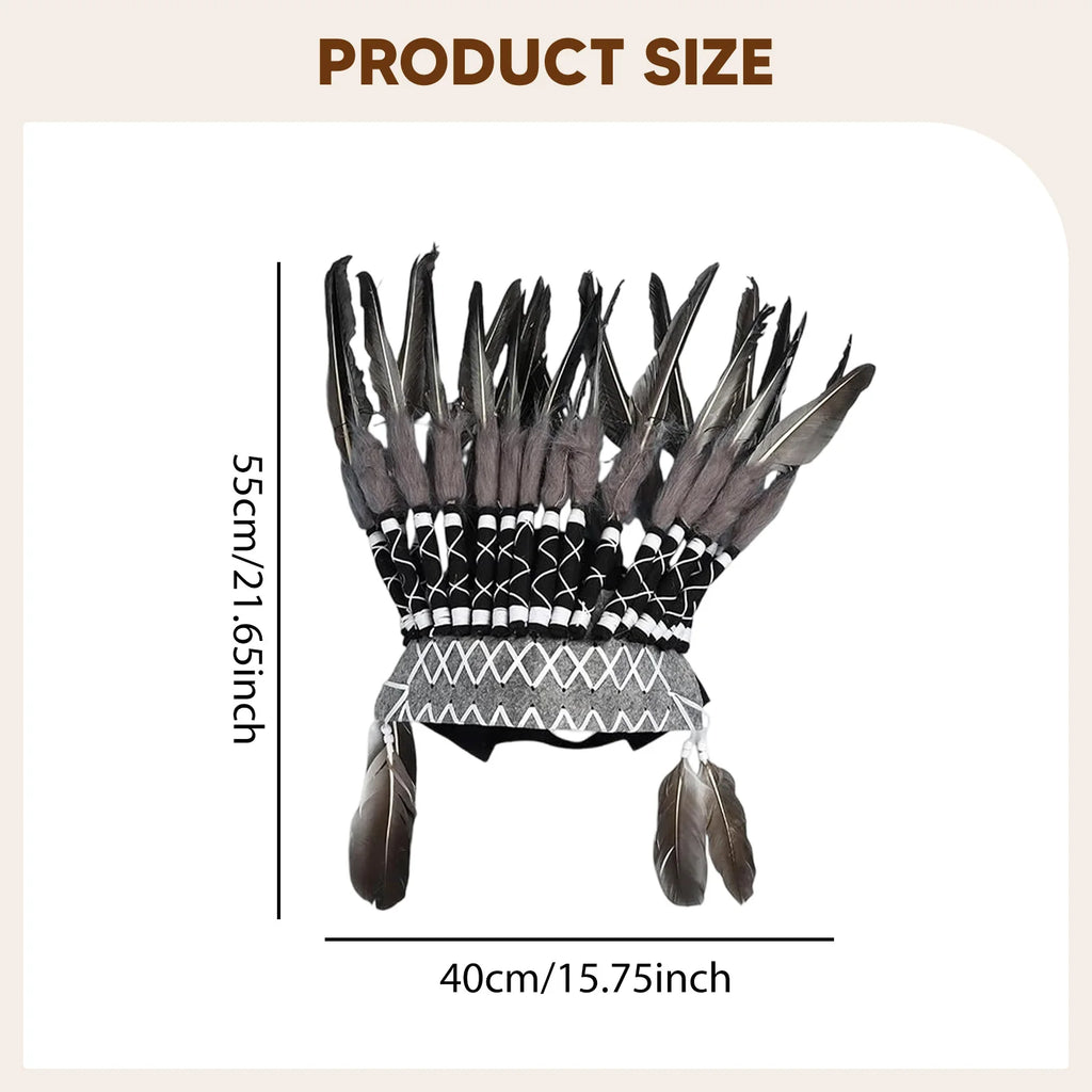 Coiffe Amérindienne à Plumes Blanches et Noires avec Perles