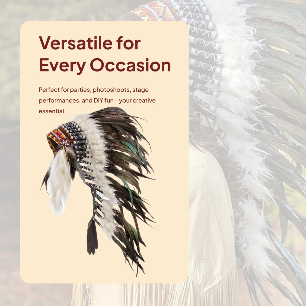 Coiffe Amérindienne à Plumes Blanches et Noires avec Perles