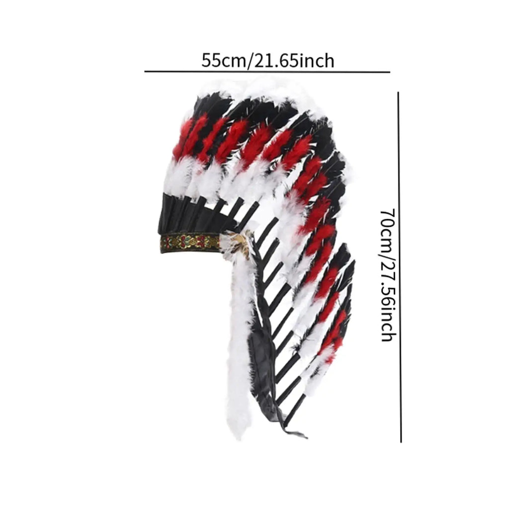 Coiffe Amérindienne à Plumes Blanches et Noires avec Perles