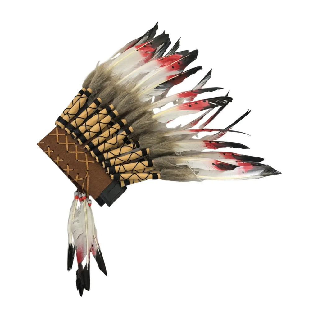 Coiffe Amérindienne à Plumes Blanches et Noires avec Perles