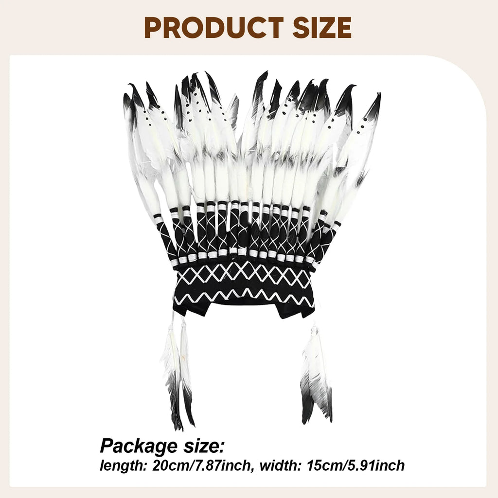 Coiffe Amérindienne à Plumes Blanches et Noires avec Perles