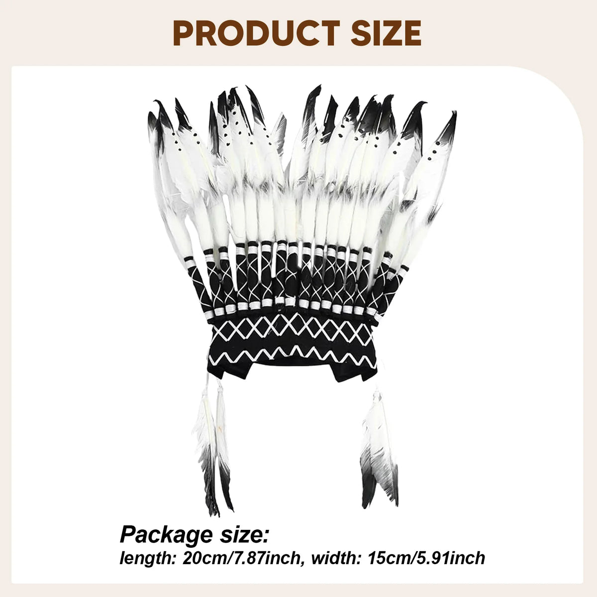 Coiffe Amérindienne à Plumes Blanches et Noires avec Perles