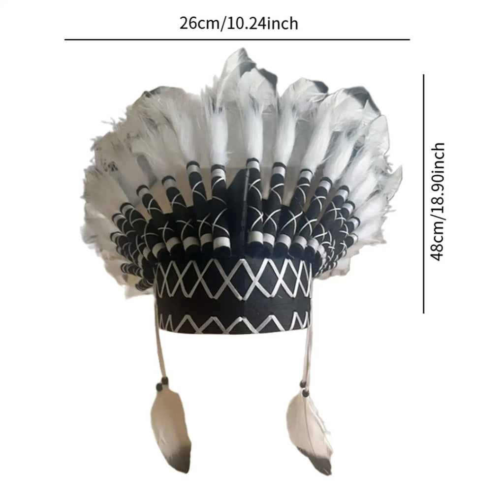 Coiffe Amérindienne à Plumes Blanches et Noires avec Perles