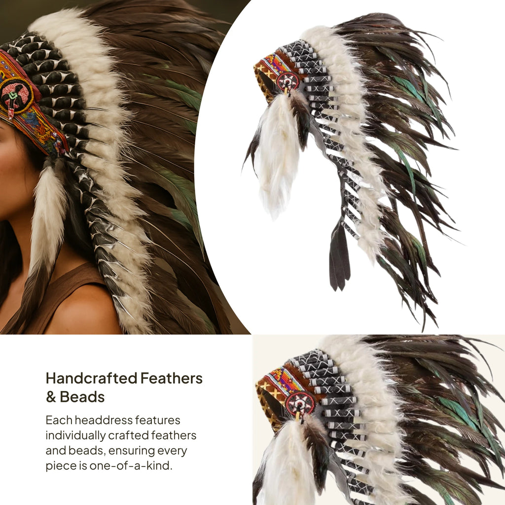 Coiffe Amérindienne à Plumes Blanches et Noires avec Perles