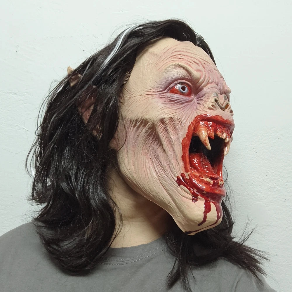 Masque de Vampire Gothique aux Crocs Sanglants et Cheveux