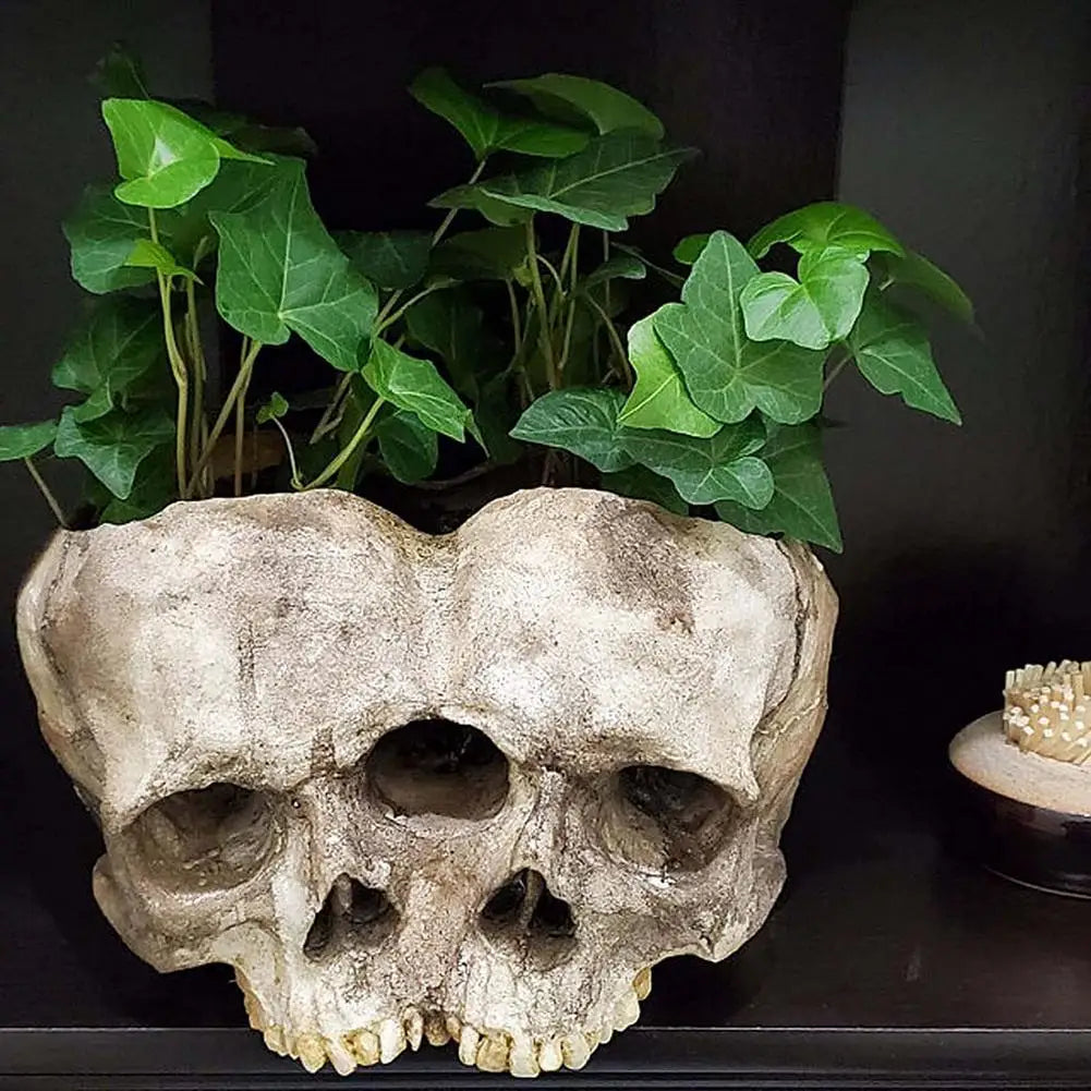 Pot de Fleurs en Résine à Deux Crânes Gris Vieilli