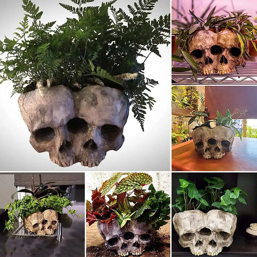 Pot de Fleurs en Résine à Deux Crânes Gris Vieilli