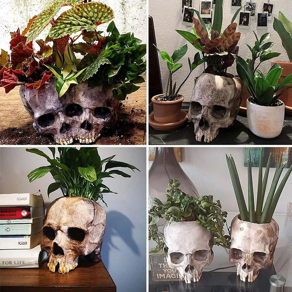 Pot de Fleurs en Résine à Deux Crânes Gris Vieilli