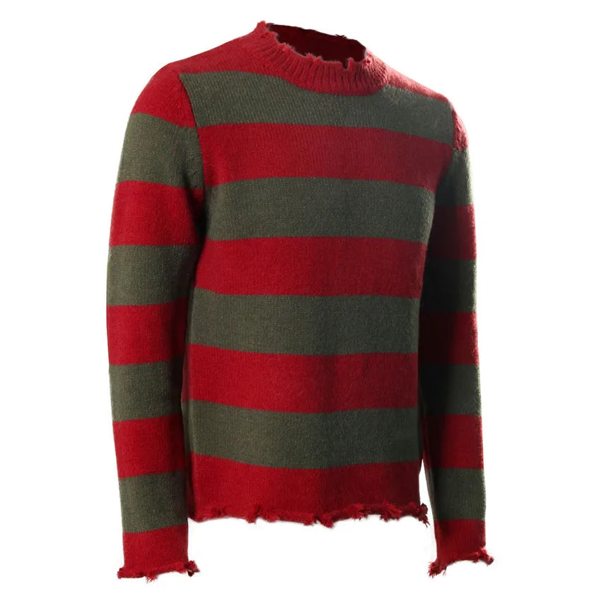 Pull en Maille Rayé Rouge et Vert Dégarni