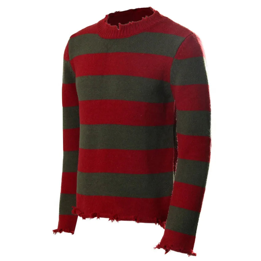 Pull en Maille Rayé Rouge et Vert Dégarni