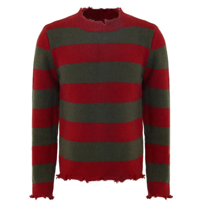 Pull en Maille Rayé Rouge et Vert Dégarni