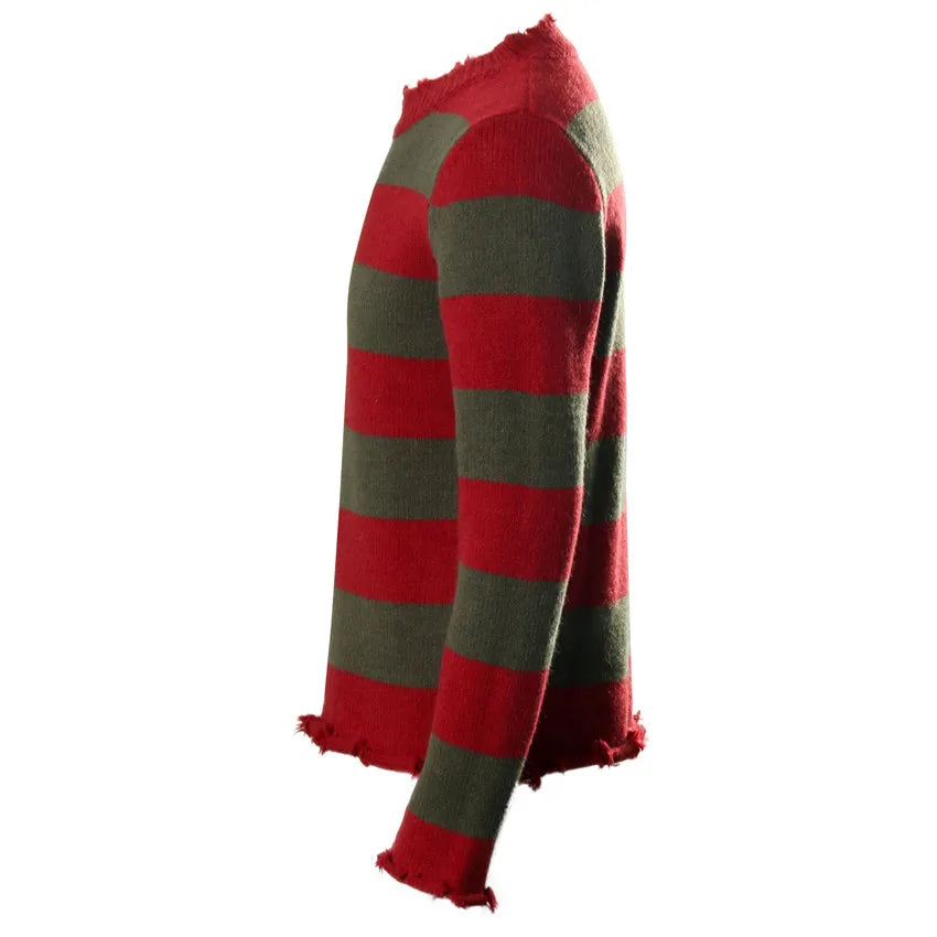 Pull en Maille Rayé Rouge et Vert Dégarni