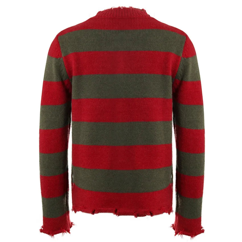 Pull en Maille Rayé Rouge et Vert Dégarni
