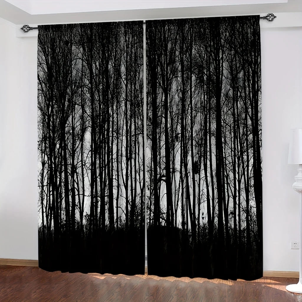 Rideaux Graphiques à Silhouette d'Arbres Noirs