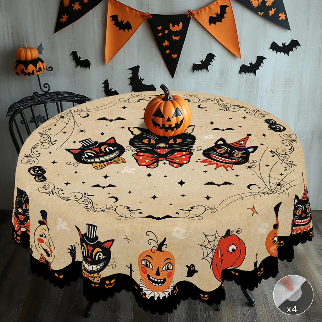 Nappe d'Halloween Rétro Beige à Chats et Citrouilles