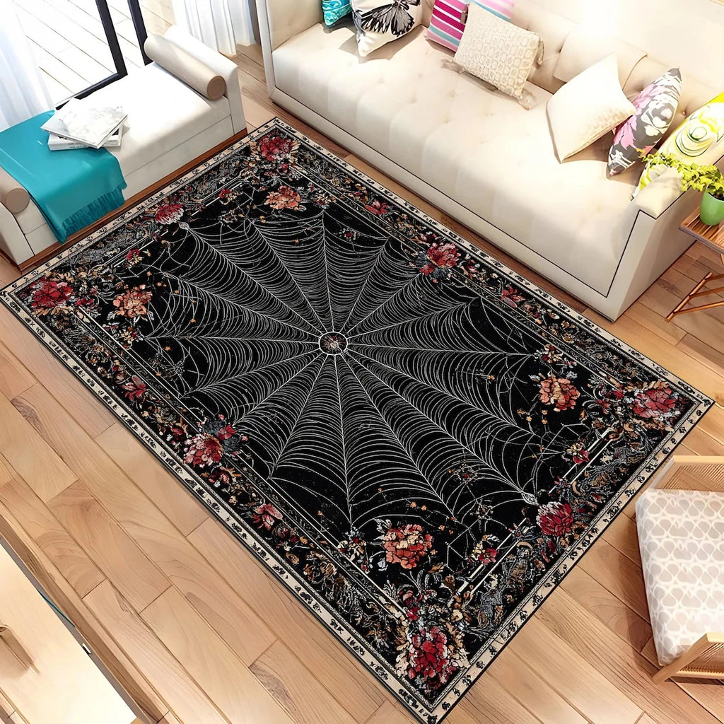 Tapis Rectangulaire Noir Toile d'Araignée et Bordure Gothique