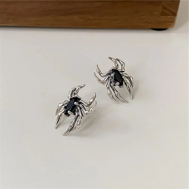 Boucles d'Oreilles Araignée Argentée à Pierre Noire