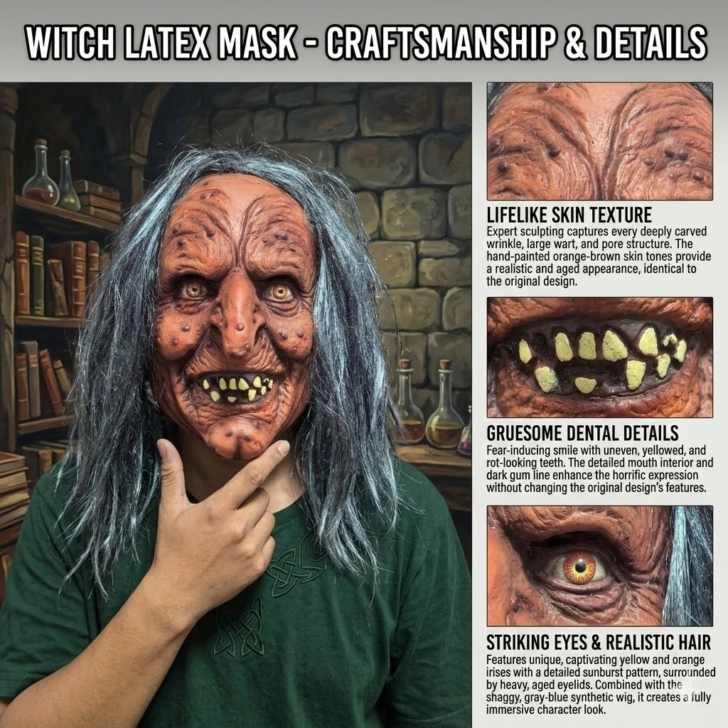 Masque de Sorcière Grotesque en Latex à Cheveux Gris