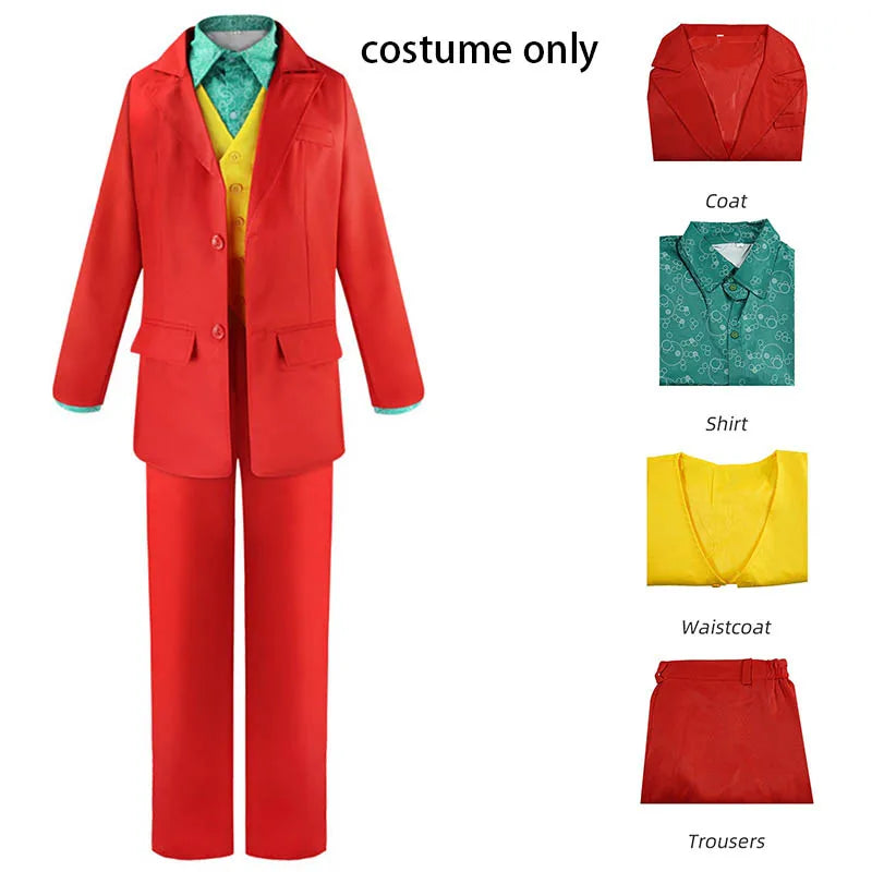 Déguisement de Joker Rouge, Jaune et Turquoise 4 Pièces