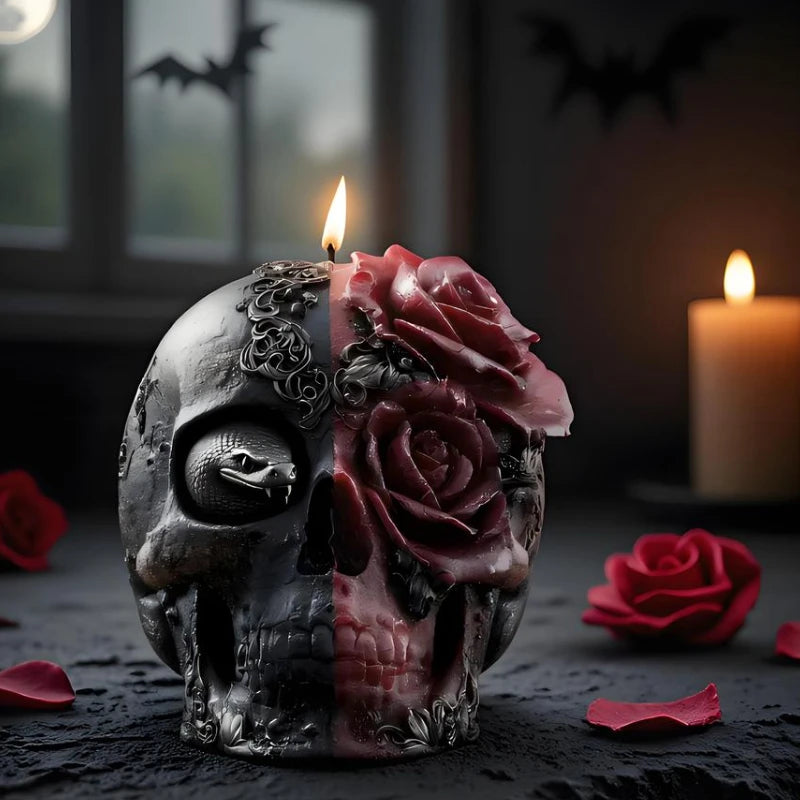 Bougie Crâne Bicolore Noir et Rouge avec Roses Sculptées