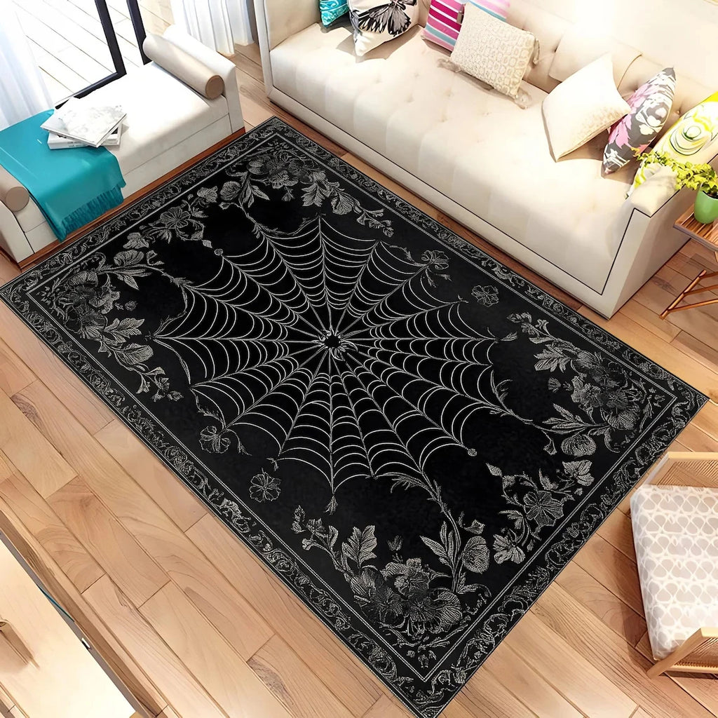 Tapis Rectangulaire Noir Toile d'Araignée et Bordure Gothique