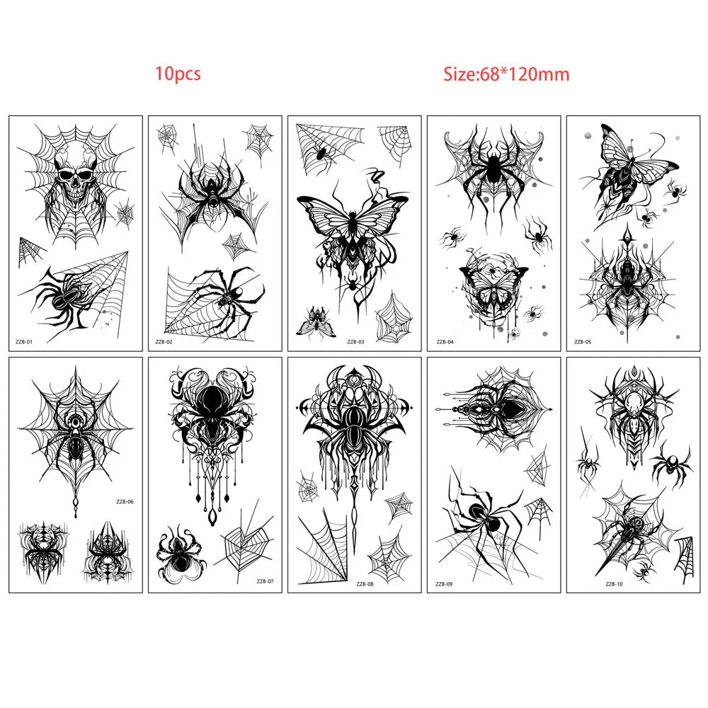 Tatouages Éphémères Araignées Noires et Toiles Effrayantes