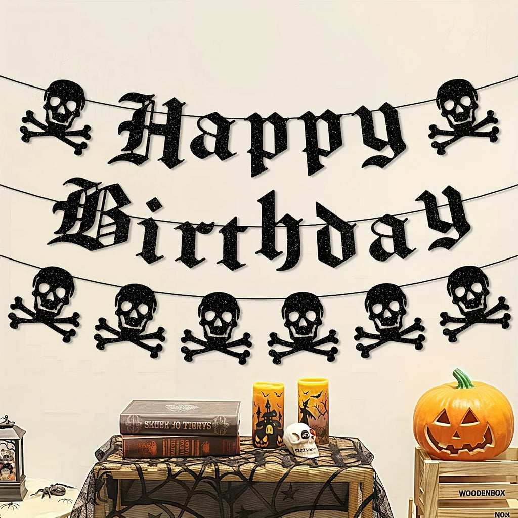 Bannière Anniversaire Gothique Noire Pailletée et Crânes