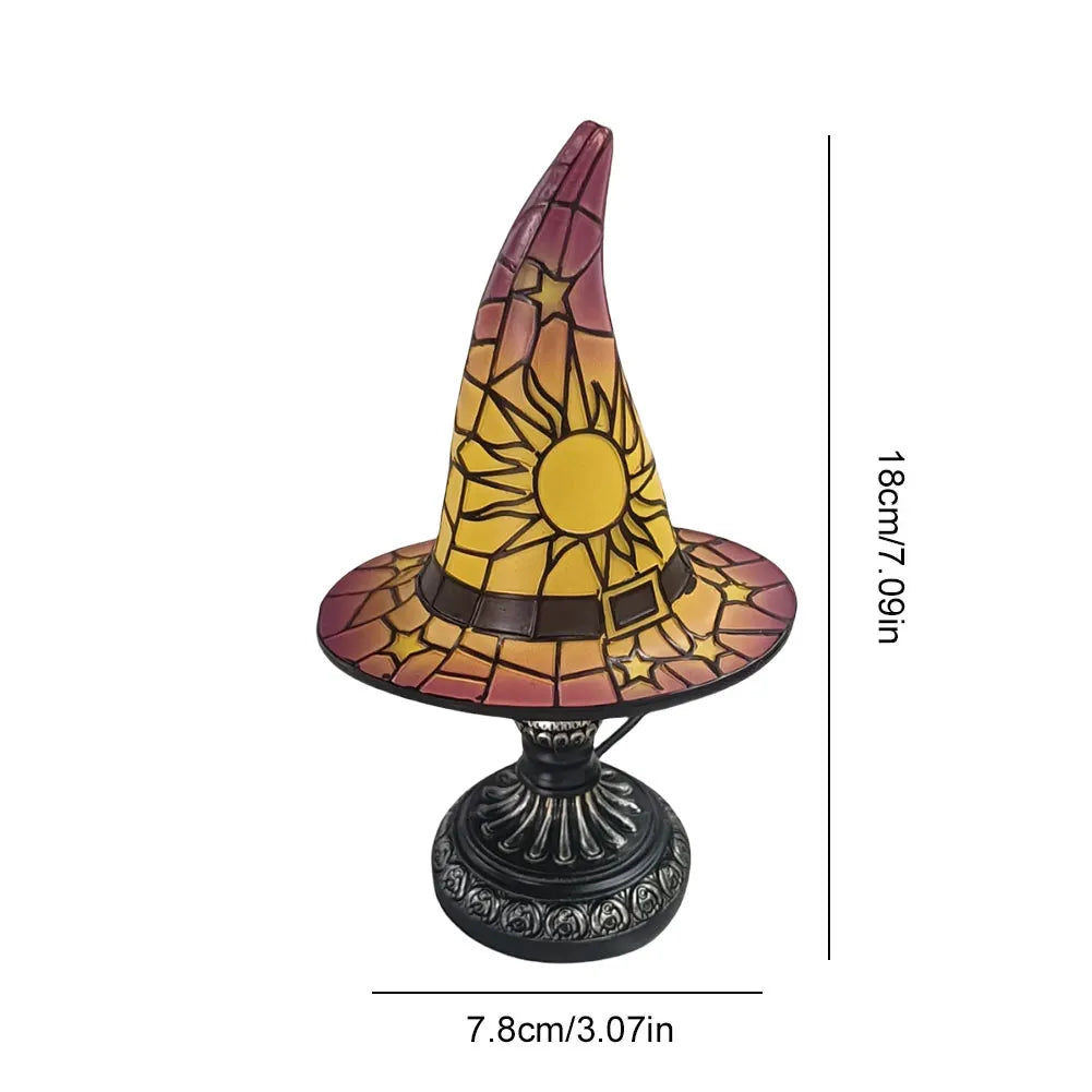 Lampe de Table Chapeau Sorcière en Vitrail Vert Soleil Étoiles