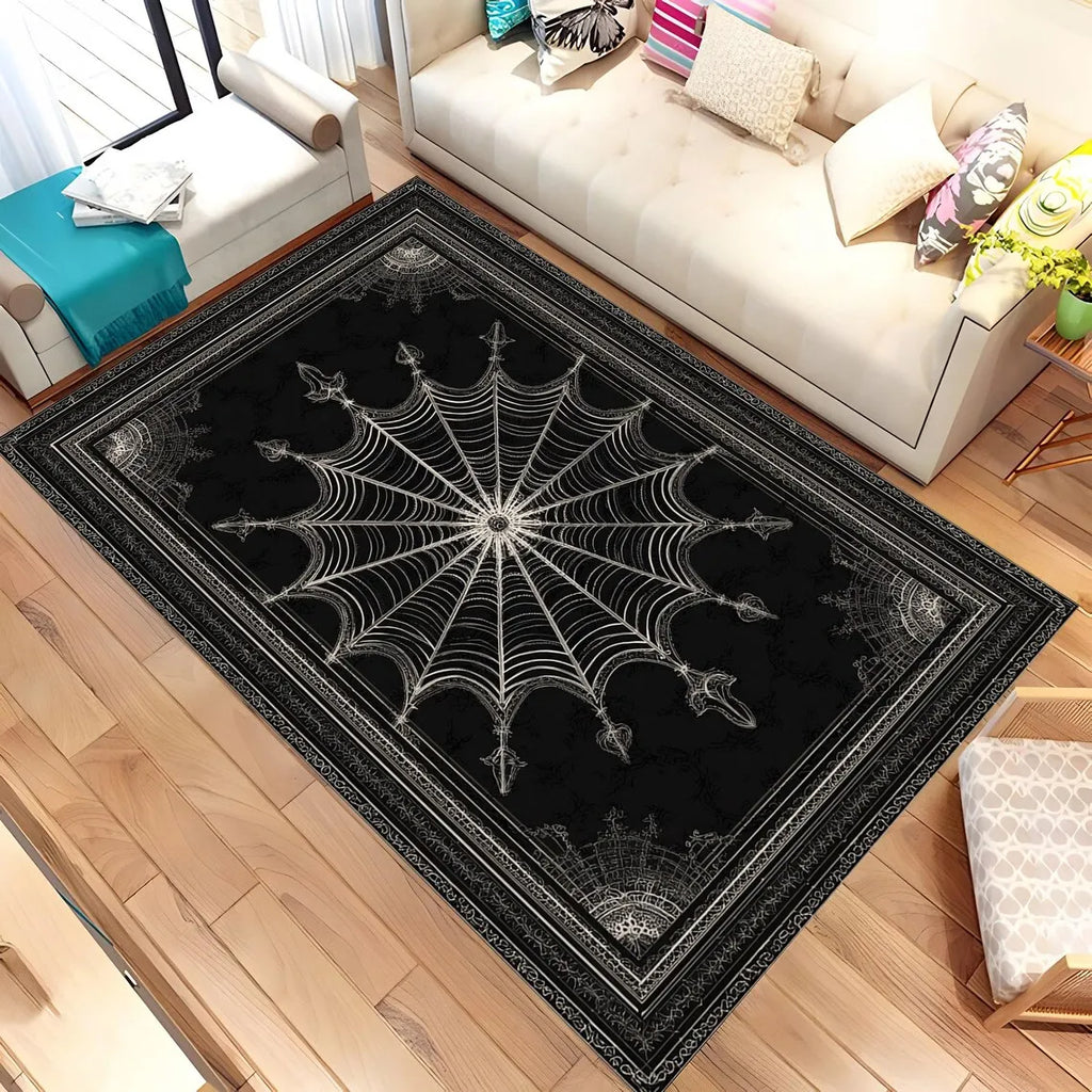 Tapis Rectangulaire Noir Toile d'Araignée et Bordure Gothique
