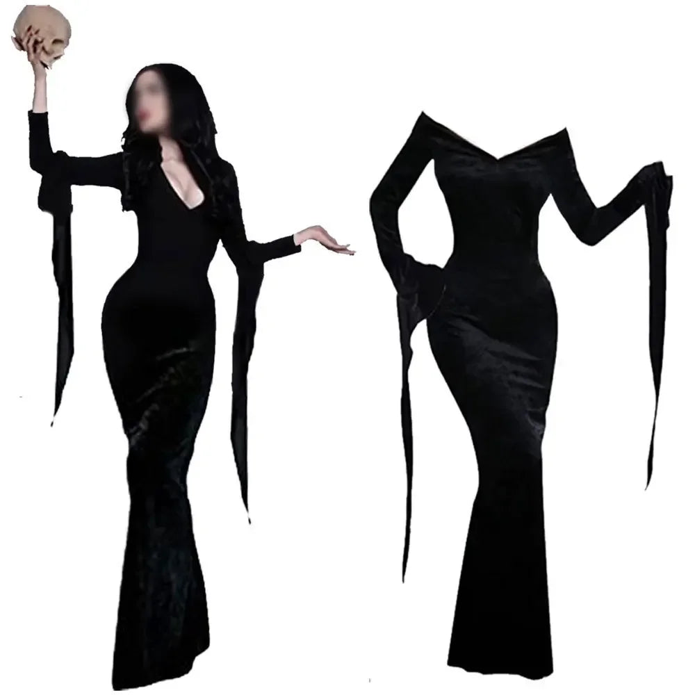 Costume Gomez Rayé et Robe Morticia Velours Adulte