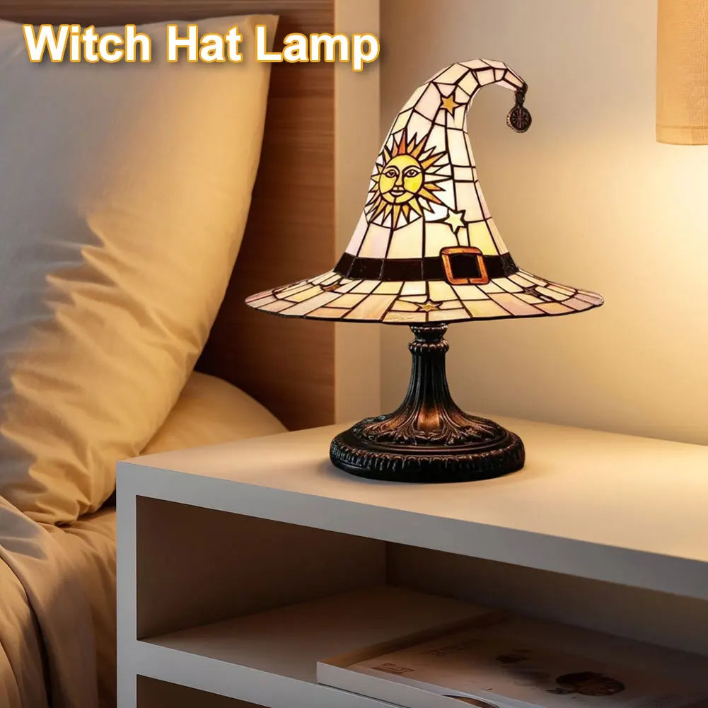 Lampe de Table Chapeau Sorcière en Vitrail Vert Soleil Étoiles