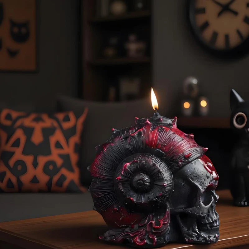 Bougie Crâne Bicolore Noir et Rouge avec Roses Sculptées