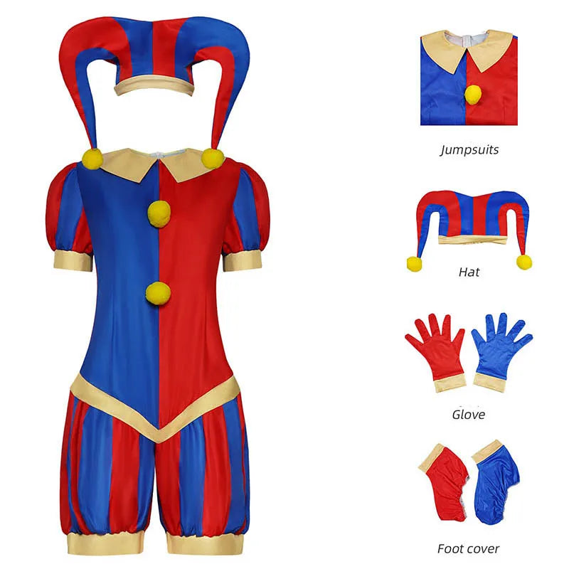 Costume d'Arlequin Rouge et Bleu à Pompons