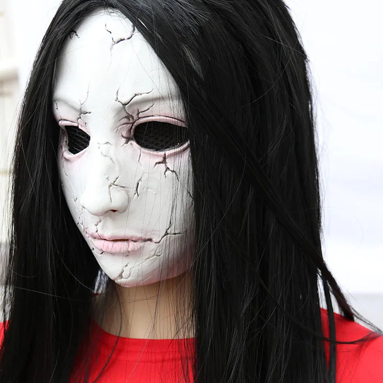 Masque d'Horreur Visage Craquelé à Perruque Noire