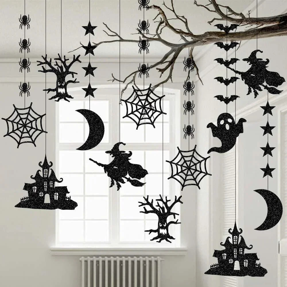 Décorations Suspendues d'Halloween à Paillettes Noires