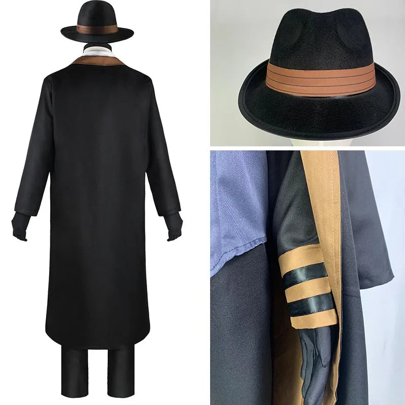 Costume Cosplay Noir à Cape et Gilet Gris Élégant