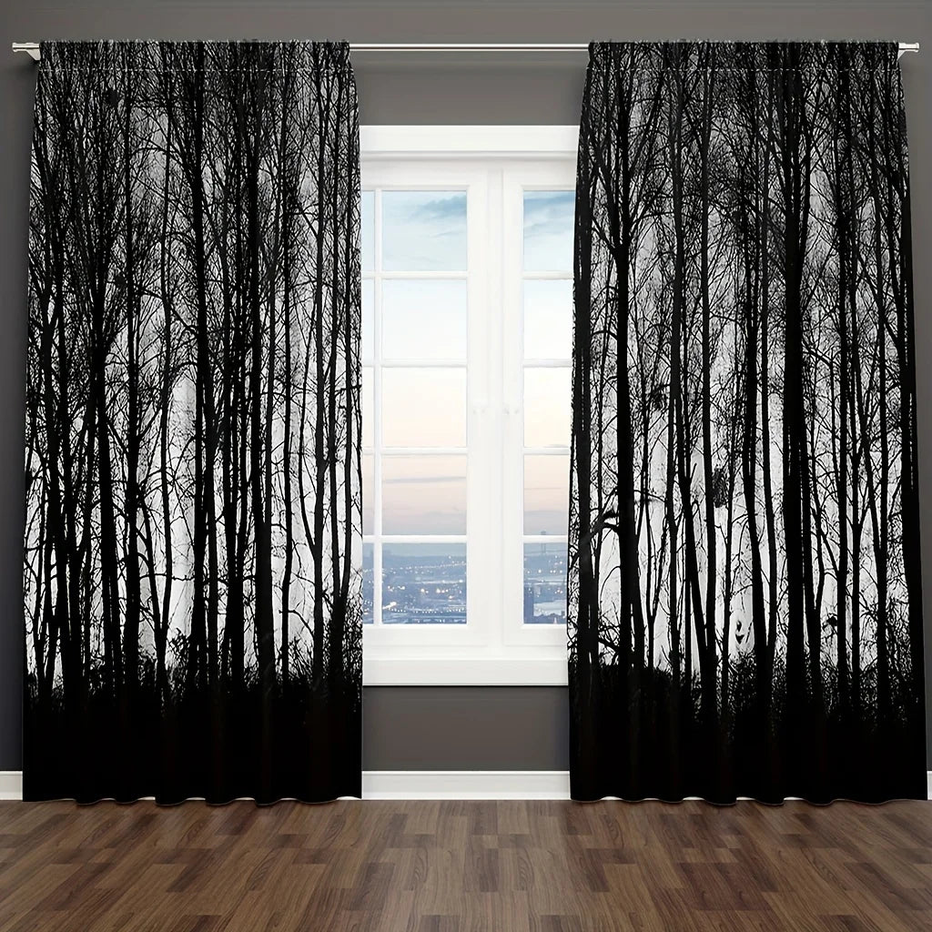 Rideaux Graphiques à Silhouette d'Arbres Noirs