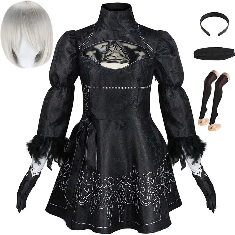 Costume de Cosplay Nier 2B Robe Noire avec Perruque Blanche