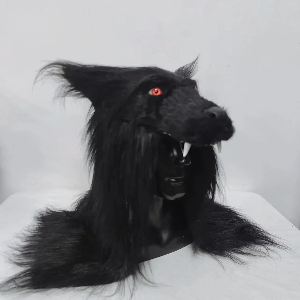 Masque de Loup-Garou Noir à Yeux Rouges et Crocs