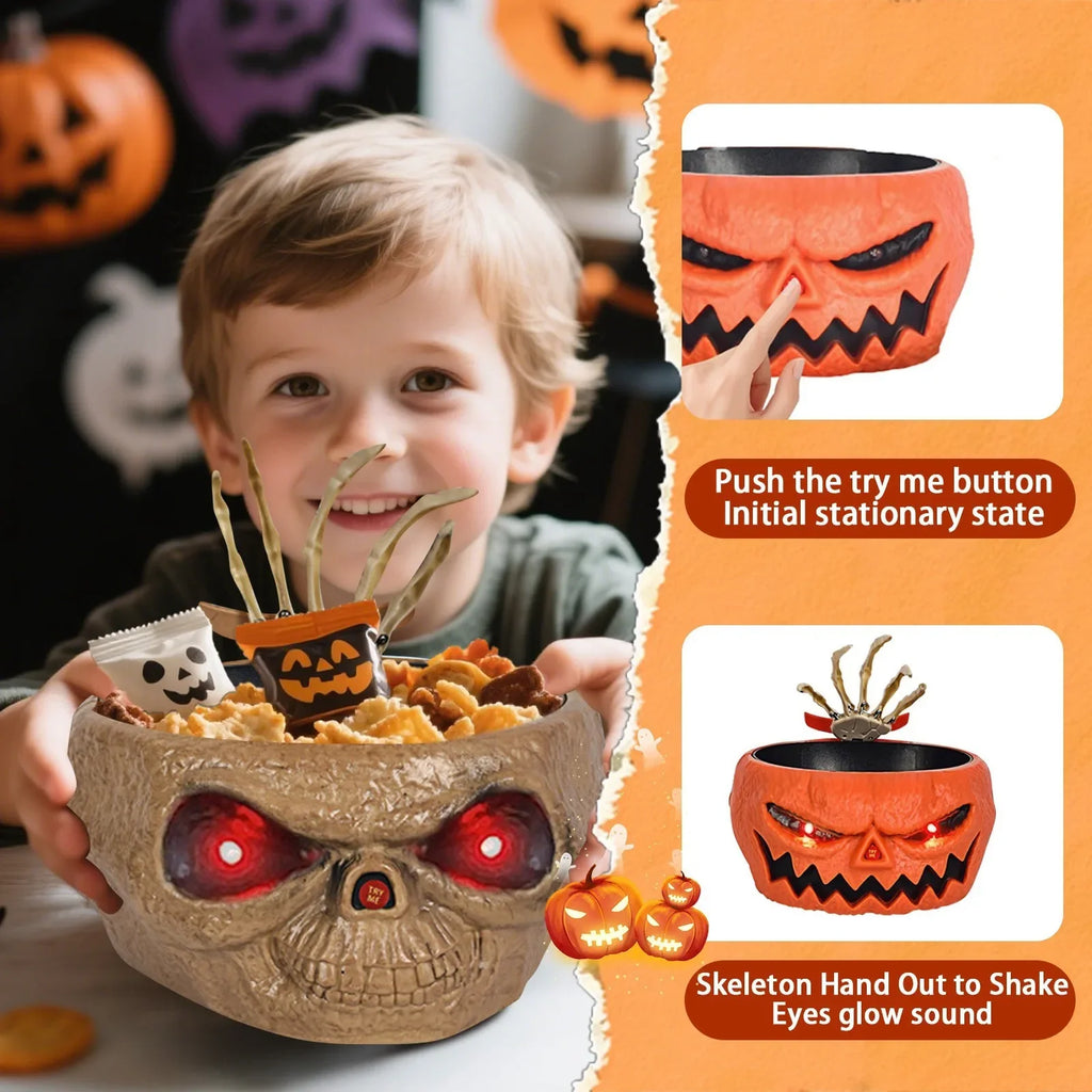 Seau Crâne Halloween avec Yeux Lumineux et Main Squelette