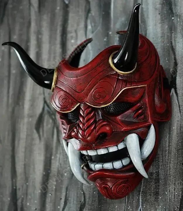 Masque Hannya Rouge Vieilli aux Cornes Noires