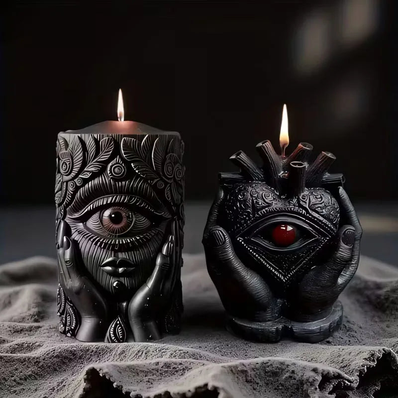 Bougie Ésotérique Œil et Mains Sculptées Noires