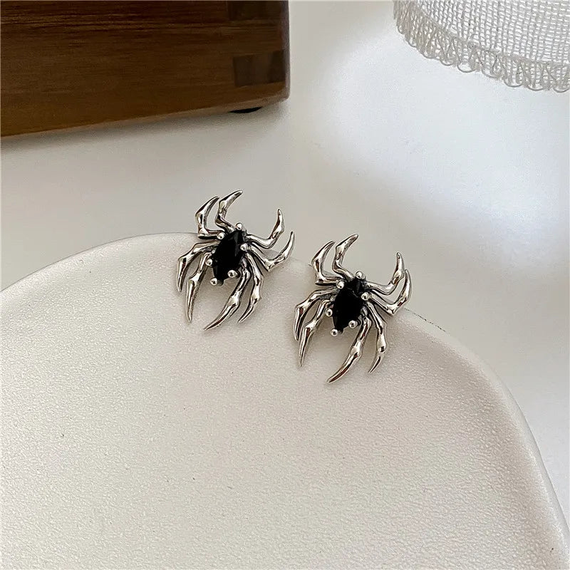 Boucles d'Oreilles Araignée Argentée à Pierre Noire