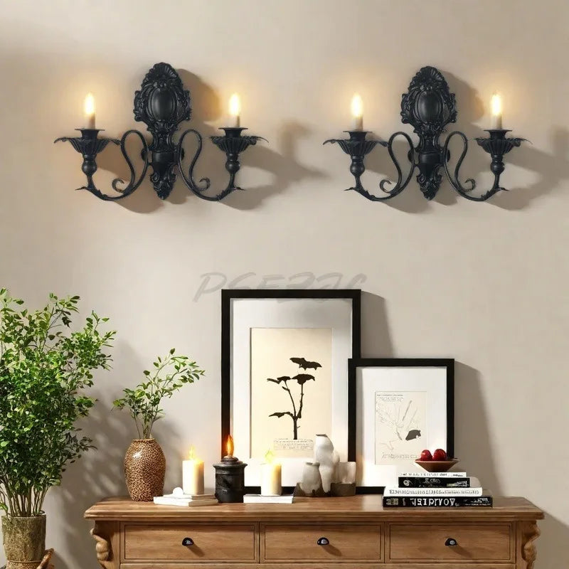 Applique Murale Baroque en Métal Noir à Deux Bougies