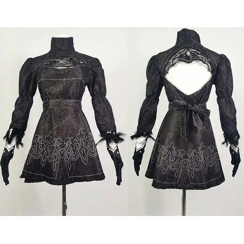 Costume de Cosplay Nier 2B Robe Noire avec Perruque Blanche