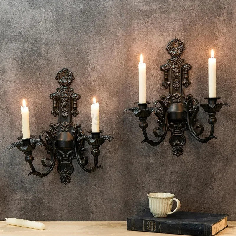 Applique Murale Baroque en Métal Noir à Deux Bougies